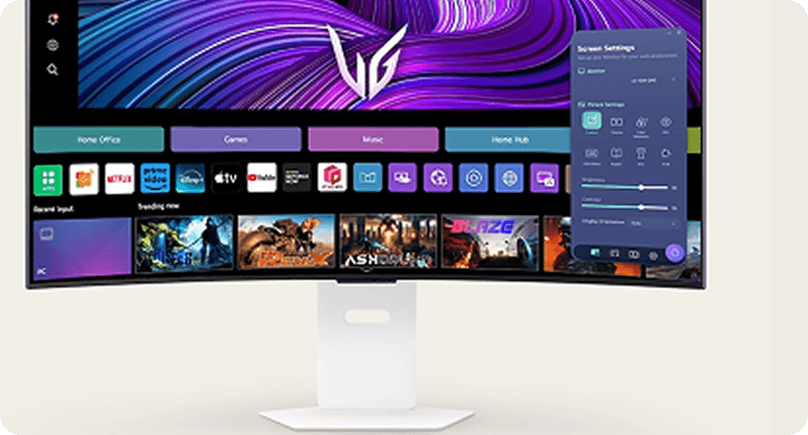 Zakrzywiony monitor LG z białą podstawą wyświetla menu Home Office z aplikacjami i oknem Screen Settings.