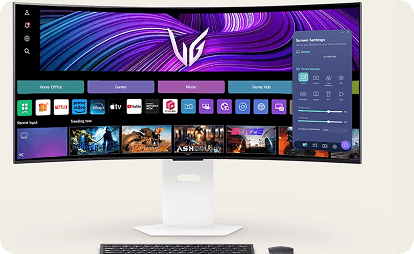 Zakrzywiony monitor LG z białą podstawą wyświetla menu Home Office z aplikacjami i oknem Screen Settings.