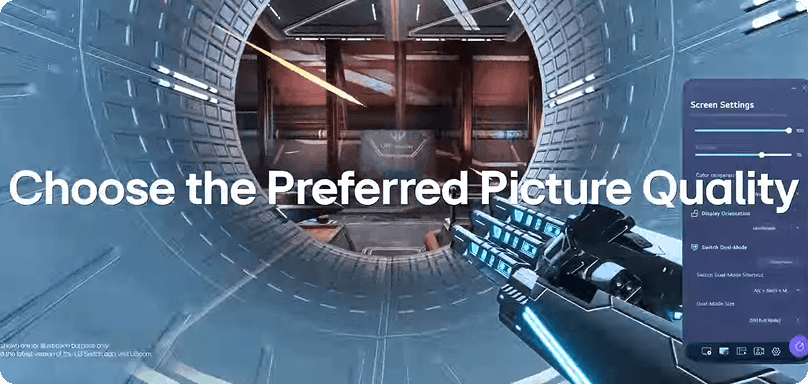 Widok z gry FPS (First-Person Shooter) z napisem Choose the Preferred Picture Quality i panelem ustawień ekranu