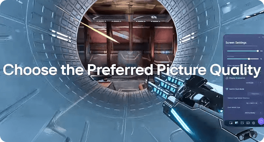 Widok z gry FPS (First-Person Shooter) z napisem Choose the Preferred Picture Quality i panelem ustawień ekranu