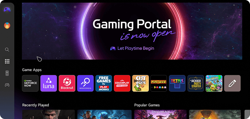Interfejs Gaming Portal z banerem i ikonami aplikacji do gier, takich jak GeForce NOW czy Luna, na ciemnym tle