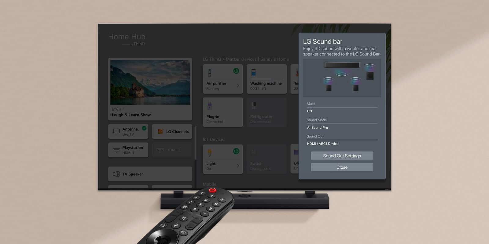 Pilot skierowany na LG TV przedstawiający ustawienia po prawej stronie ekranu.