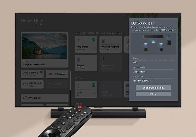 Pilot skierowany na LG TV przedstawiający ustawienia po prawej stronie ekranu.