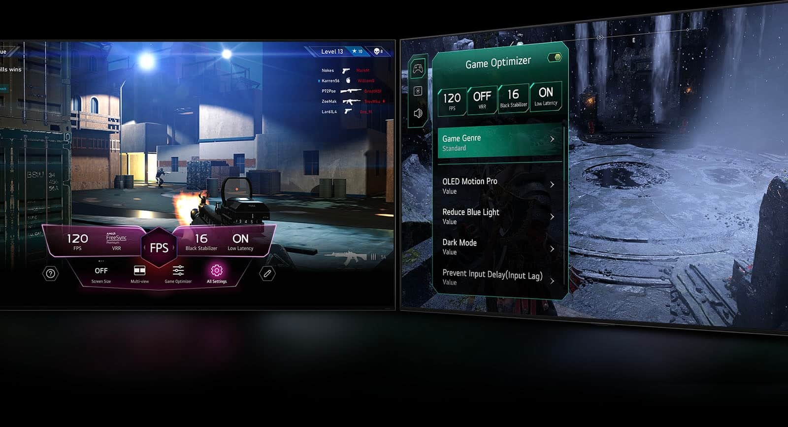 Scena z gry FPS z pulpitem gry, pojawiającym się nad ekranem podczas rozgrywki. Ciemna, zimowa scena z menu Game Optimizer pojawiającym się nad grą.