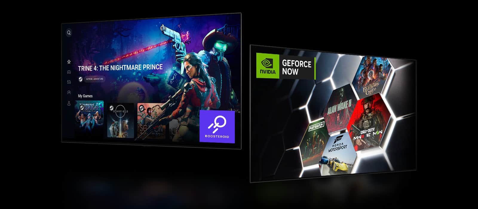 Obraz ekranu głównego Boosteroid przedstawiający „Trine 4: The Nightmare Price”. Ekran główny GeForce NOW pokazujący pięć różnych miniatur gier po prawej stronie.