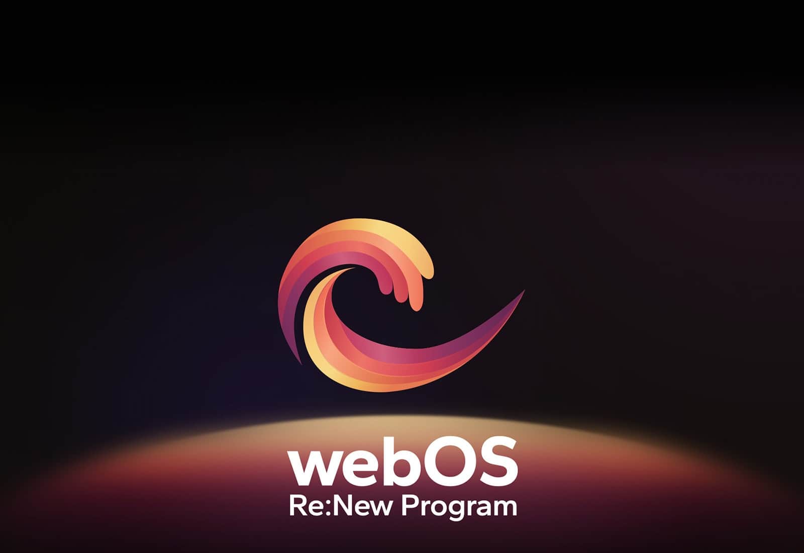 Logo webOS Re:New Program znajduje się na czarnym tle z żółto-pomarańczową, fioletową i okrągłą kulą u dołu.