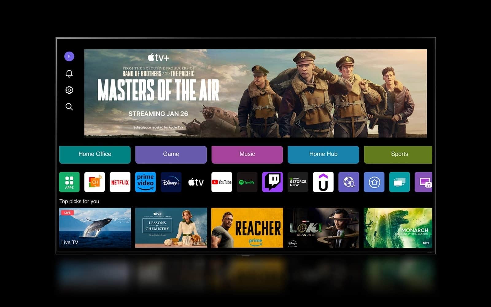 Ekran główny webOS 24 z kategoriami Home Office, Game, Music, Home Hub i Sports. W dolnej części ekranu wyświetlane są spersonalizowane rekomendacje w sekcji „Najlepsze propozycje dla Ciebie”.