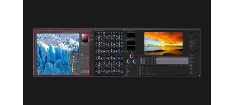 Animacja pokazuje 49-calowy monitor 32:9 Dual QHD (5120x1440) w porównaniu z monitorami o przekątnej 29", 34", 38" i 39,7".