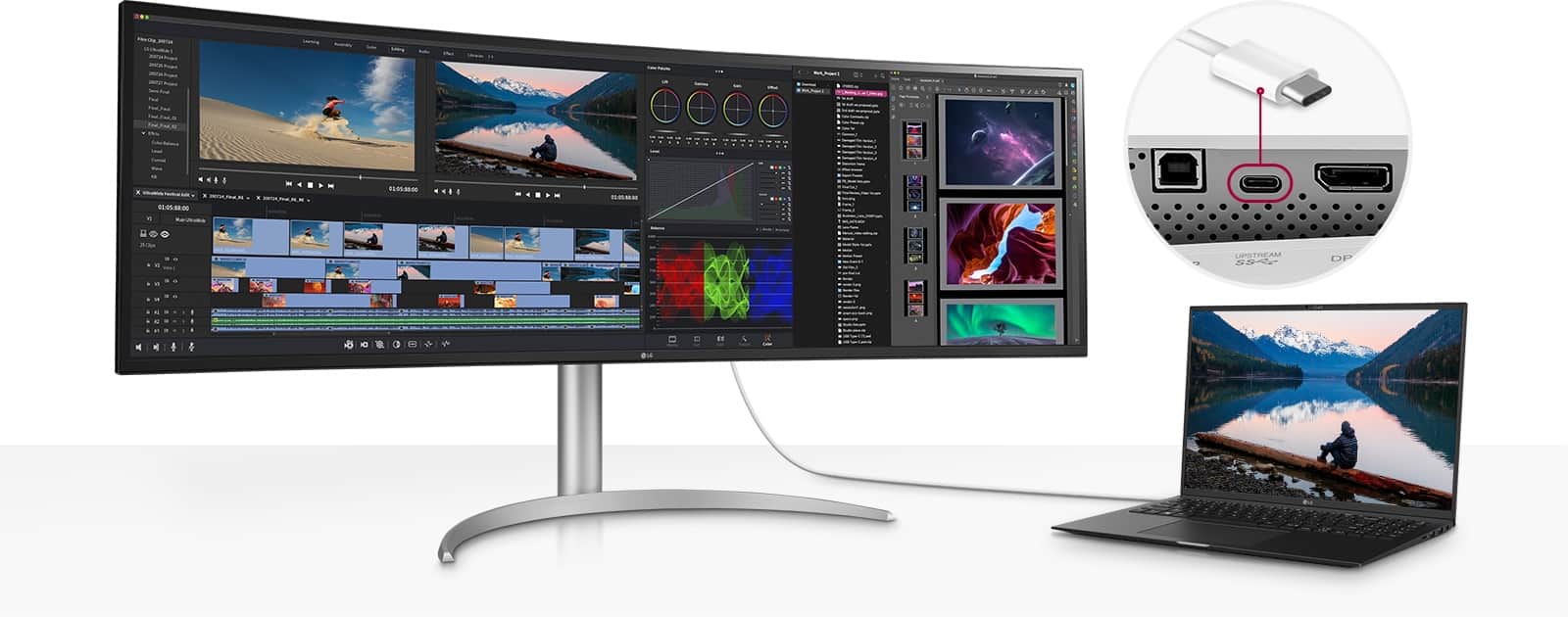 Port USB Type-C™ pozwala zarówno na przesyłanie obrazu i danych, jak i na ładowanie podłączonych urządzeń, dzięki czemu możesz podłączyć swojego laptopa za pomocą jednego kabla.
