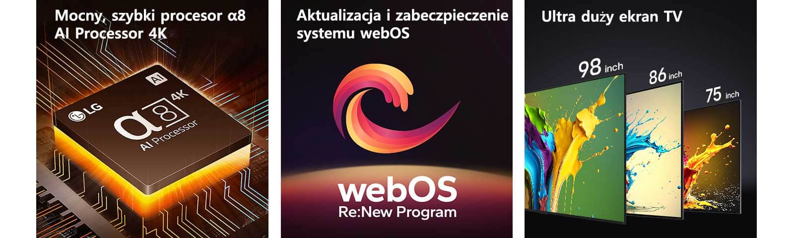 Procesor AI α8 (czyt. Alpha) 4K jest wyświetlany z pomarańczowym światłem emanującym od spodu. Pomiędzy słowami „Aktualizowany webOS” i „webOS Re:New Program” widnieje czerwona, żółta i fioletowa spirala. Telewizory LG QNED89, QNED90 i QNED99 są pokazane w kolejności od lewej do prawej. Nad każdym telewizorem widnieje kolorowy napis „Ultra duży telewizor”.
