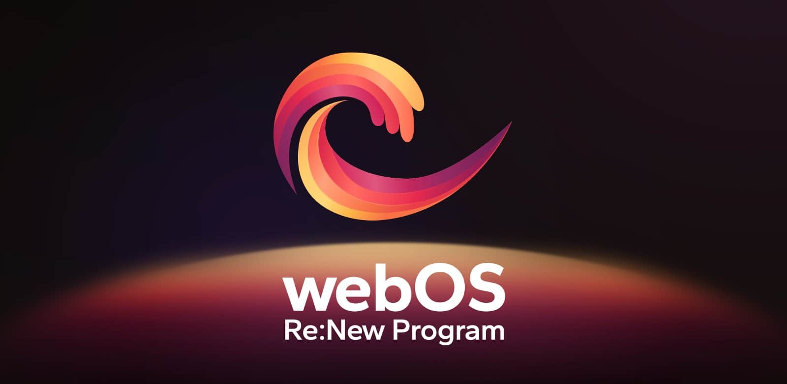 Logo webOS Re:New Program znajduje się na czarnym tle z żółto-pomarańczową, fioletową i okrągłą kulą u dołu.