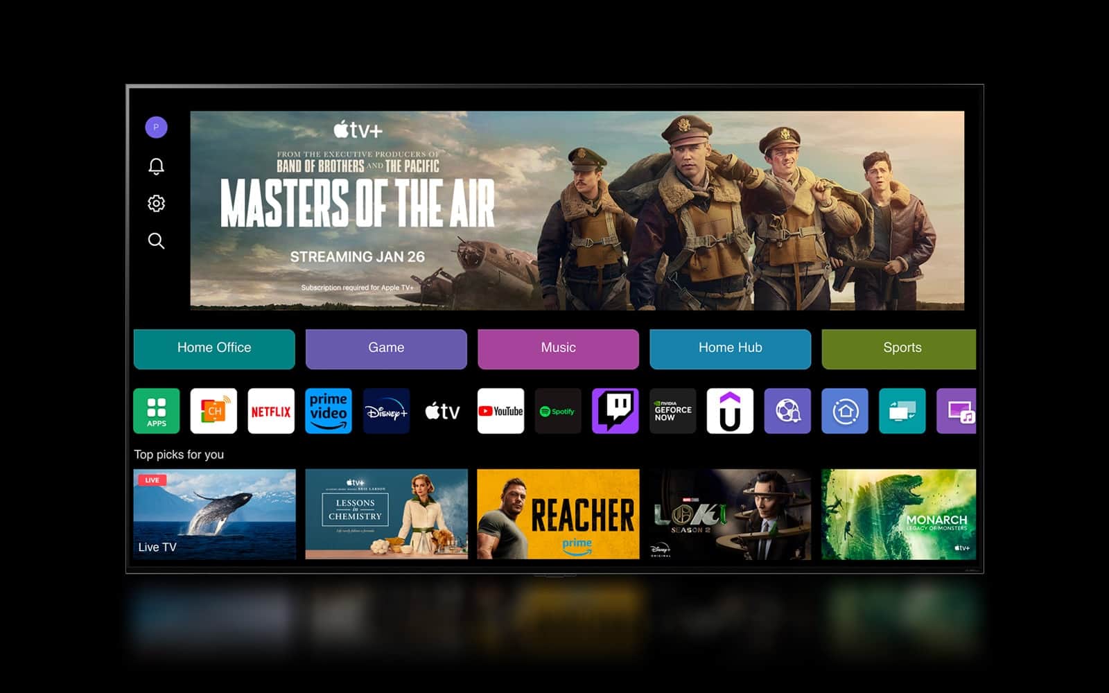 Ekran główny webOS 24 z kategoriami Home Office, Game, Music, Home Hub i Sports. W dolnej części ekranu wyświetlane są spersonalizowane rekomendacje w sekcji „Najlepsze propozycje dla Ciebie”.
