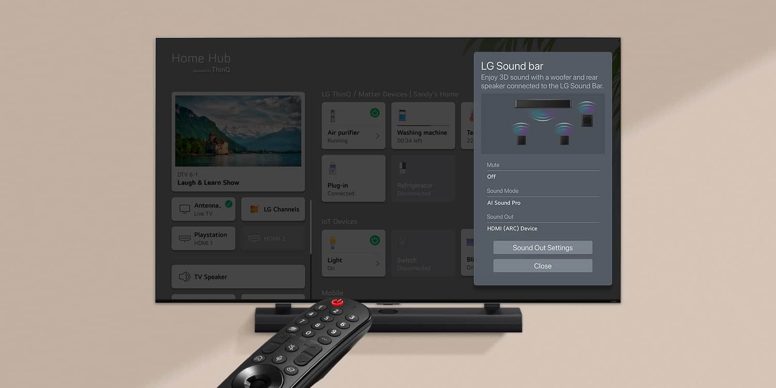 Pilot skierowany na LG TV przedstawiający ustawienia po prawej stronie ekranu.