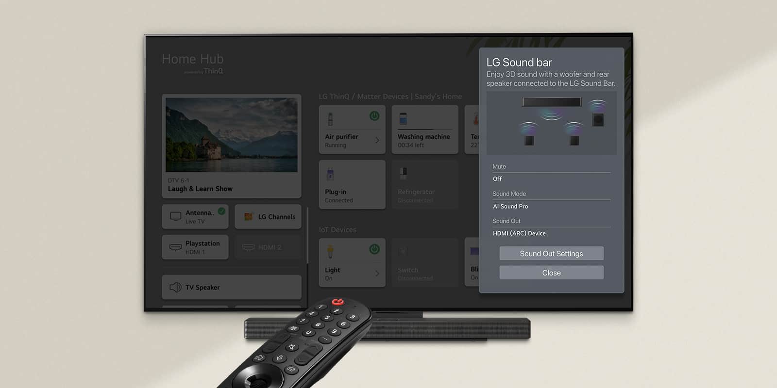 Pilot skierowany na LG OLED TV przedstawiający ustawienia po prawej stronie ekranu.