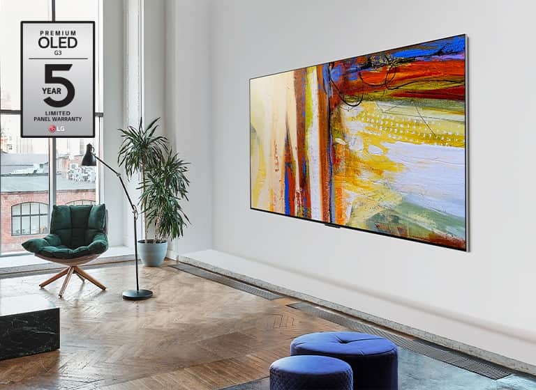 Zdjęcie telewizora LG OLED G3 przedstawiającego kolorowe abstrakcyjne dzieło sztuki w jasnym pokoju.