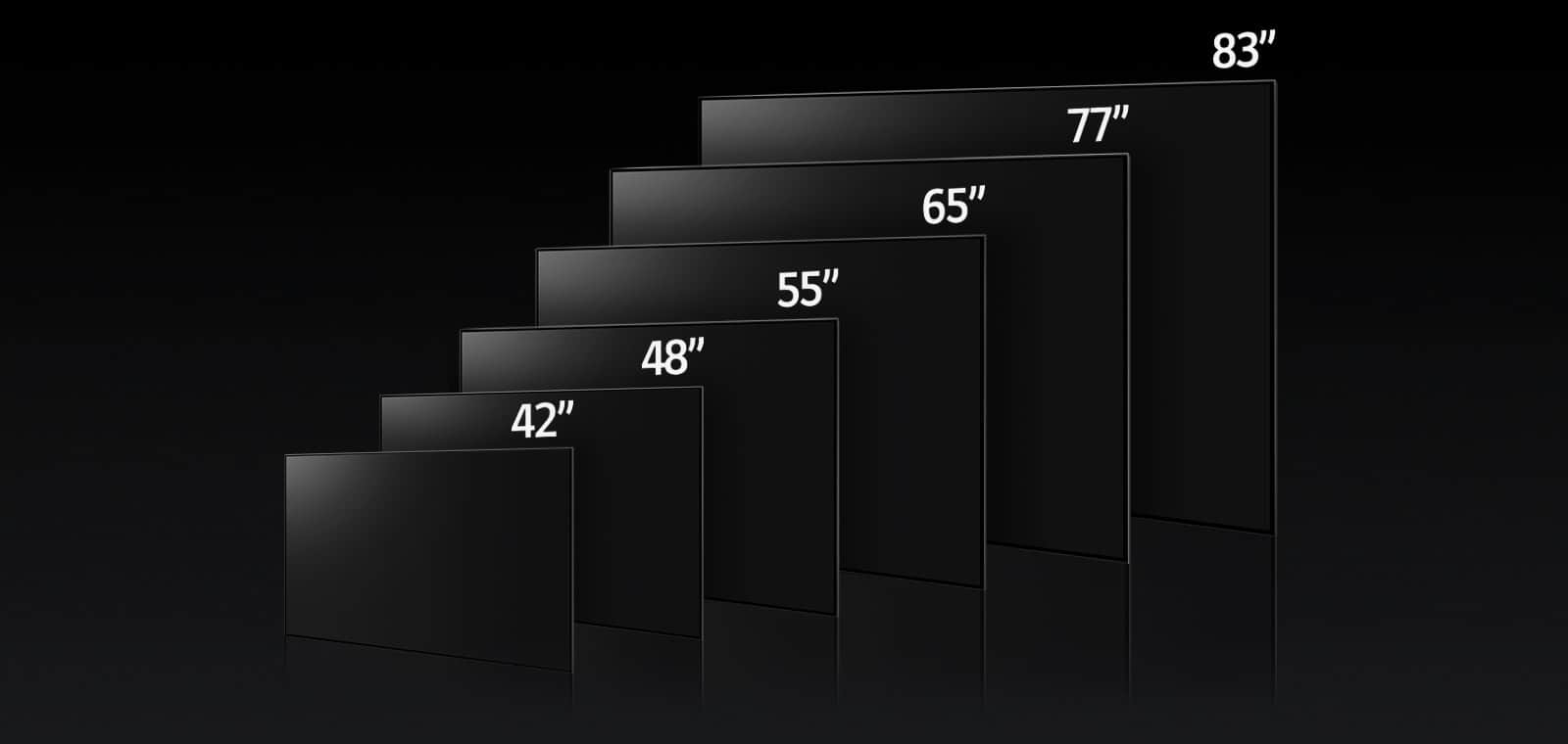 Obraz porównawczy różnych rozmiarów telewizora LG OLED G3, pokazujący modele o przekątnej 55", 65", 77" i 83".