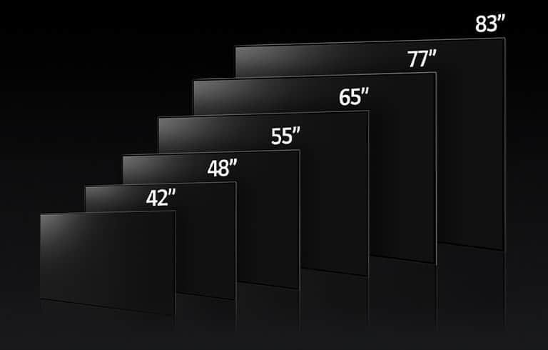 Obraz porównawczy różnych rozmiarów telewizora LG OLED G3, pokazujący modele o przekątnej 55", 65", 77" i 83".