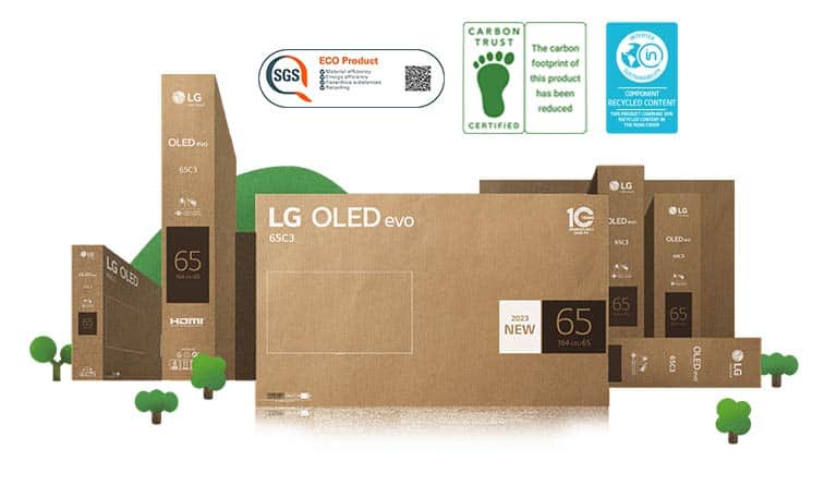 Ekologiczne opakowanie z kartonu telewizora LG OLED przedstawione wśród bujnych drzew i gór.