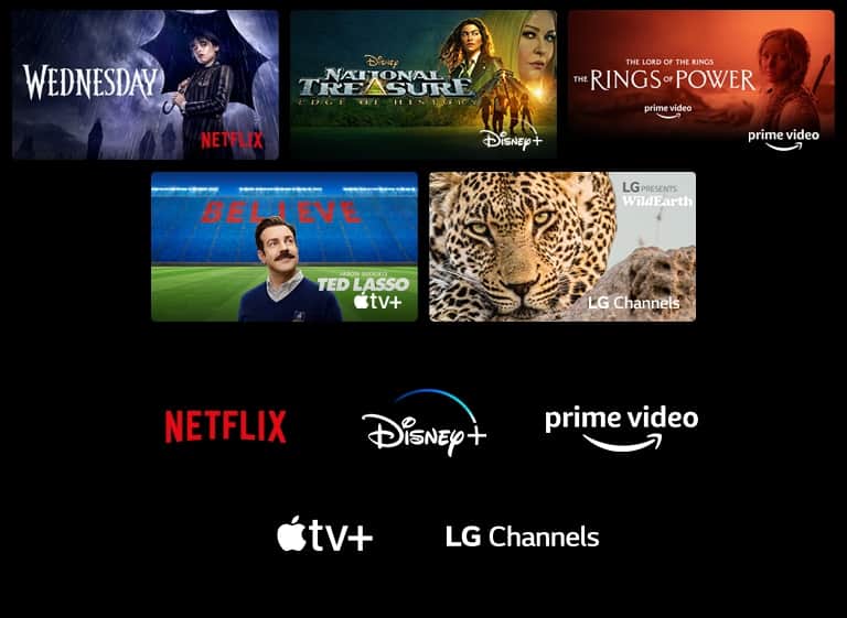 Plakat Wednesday z Netfliksa, Skarb narodowy z Disney+, Pierścienie władzy z Prime Video, Ted Lasso z Apple TV Plus.
