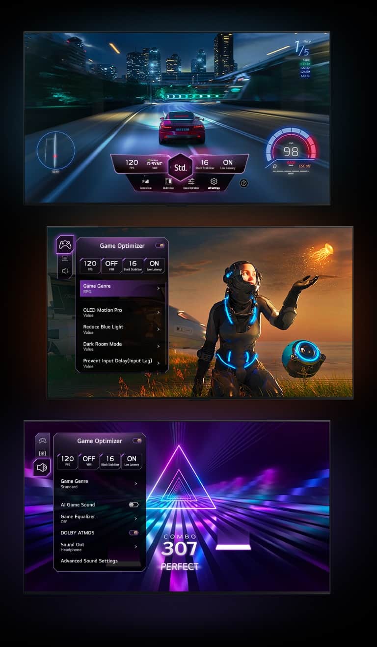 Trzy sceny z gry ukazane na czarnym gradientowym tle. Jedna przedstawia grę wyścigową z Pulpitem gry unoszącym się nad obrazem. Druga przedstawia grę Sci-Fi z menu Game Optimizer. Trzecia przedstawia kartę gry Game Optimizer nad grą muzyczną.