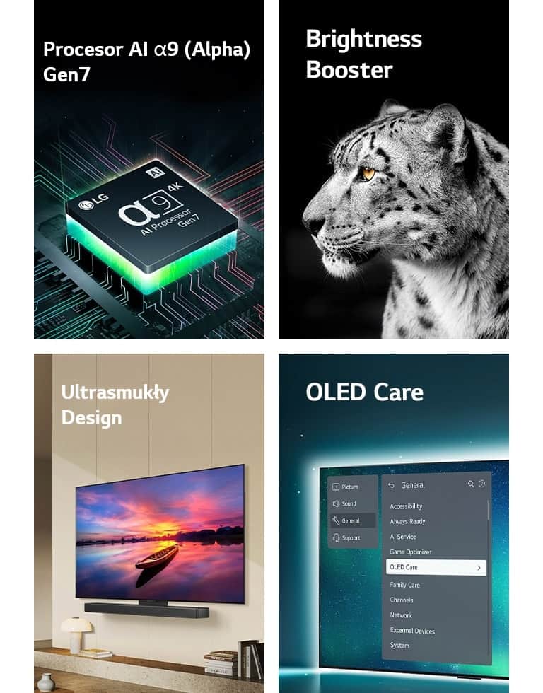 Procesor AI LG alpha 9 Gen7 na płycie głównej, emitujący zielone wiązki światła. Brightness Booster z bocznym wizerunkiem białego lamparta. Ultrasmukłe i gotowe do współpracy z soundbarami LG, jako iż mogą zostać ustawione płasko przy ścianie w nowoczesnej przestrzeni mieszkalnej. OLED TV z menu OLED Care można wybrać w menu pomocy wyświetlanym na ekranie.