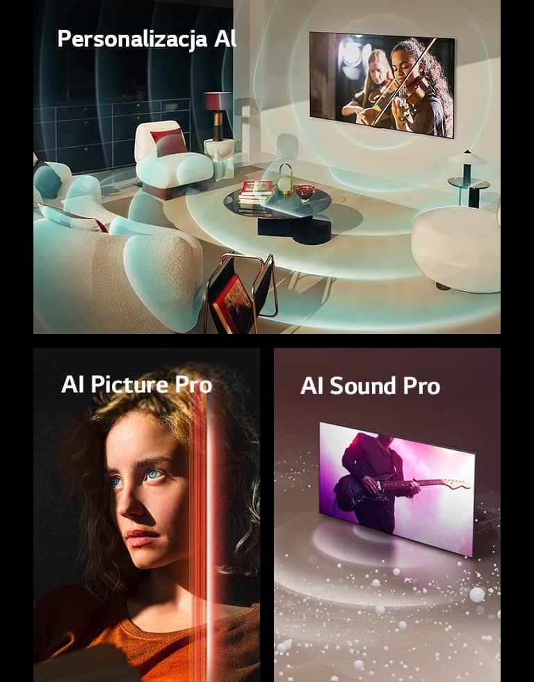 LG OLED, w nowoczesnym salonie, wyświetlający na ekranie występ muzyczny. Niebieskie okrągłe fale przedstawiające personalizację otaczają telewizor i przestrzeń. Kobieta z przenikliwymi niebieskimi oczami i pomarańczowym topem w ciemnej przestrzeni. Czerwone linie przedstawiające udoskonalenia AI pokrywają część jej jasnej i szczegółowo odwzorowanej twarzy, podczas gdy reszta obrazu wygląda ponuro. LG OLED TV emituje z ekranu bąbelki i fale dźwiękowe, które wypełniają przestrzeń.