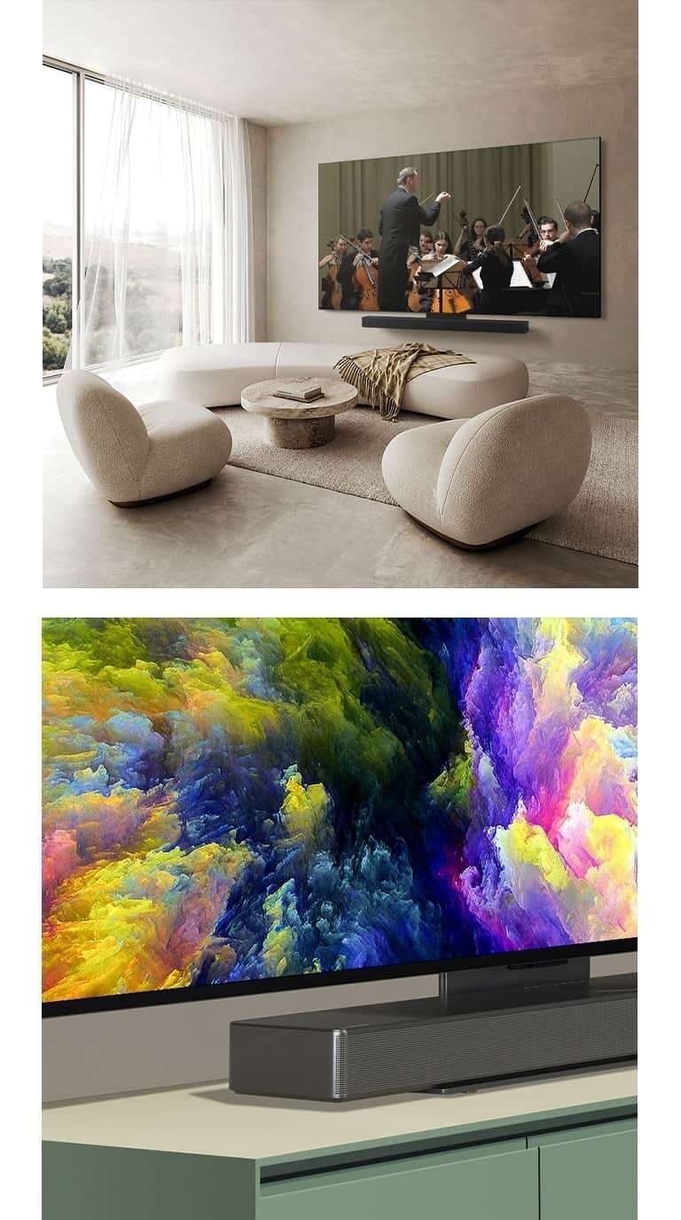"Widok pod kątem na dolny róg LG OLED TV, OLED C4 przedstawiający abstrakcyjną grafikę lasu na ekranie. Telewizor jest podłączony do listwy dźwiękowej LG Soundbar za pośrednictwem uchwytu Synergy, a na ekranie wyświetlana jest abstrakcyjna grafika lasu. LG OLED TV, OLED C4 i LG Soundbar w czystej przestrzeni mieszkalnej płasko przy ścianie z orkiestrą odtwarzaną na ekranie. "