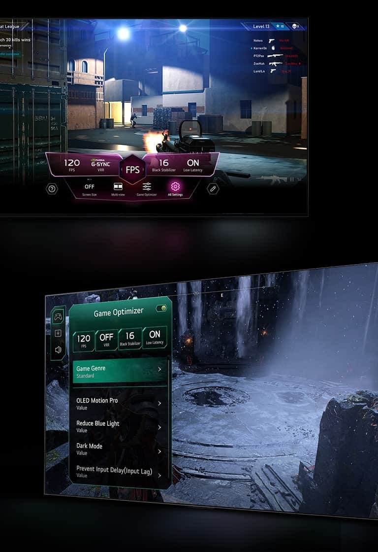 Scena z gry FPS z pulpitem gry, pojawiającym się nad ekranem podczas rozgrywki. Ciemna, zimowa scena z menu Game Optimizer pojawiającym się nad grą.