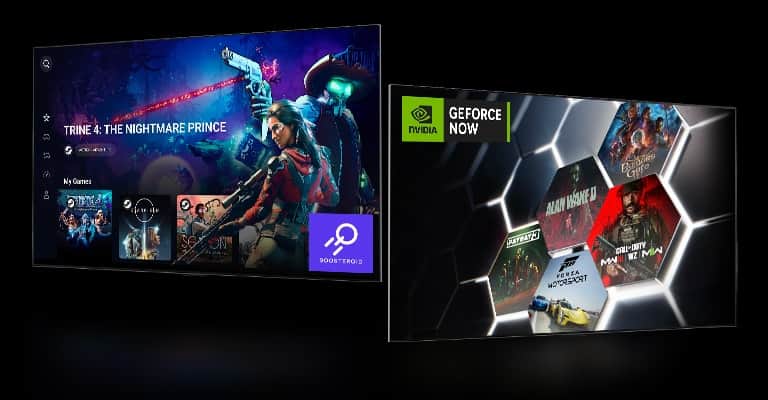Obraz ekranu głównego Boosteroid przedstawiający „Trine 4: The Nightmare Price”. Ekran główny GeForce NOW pokazujący pięć różnych miniatur gier po prawej stronie.