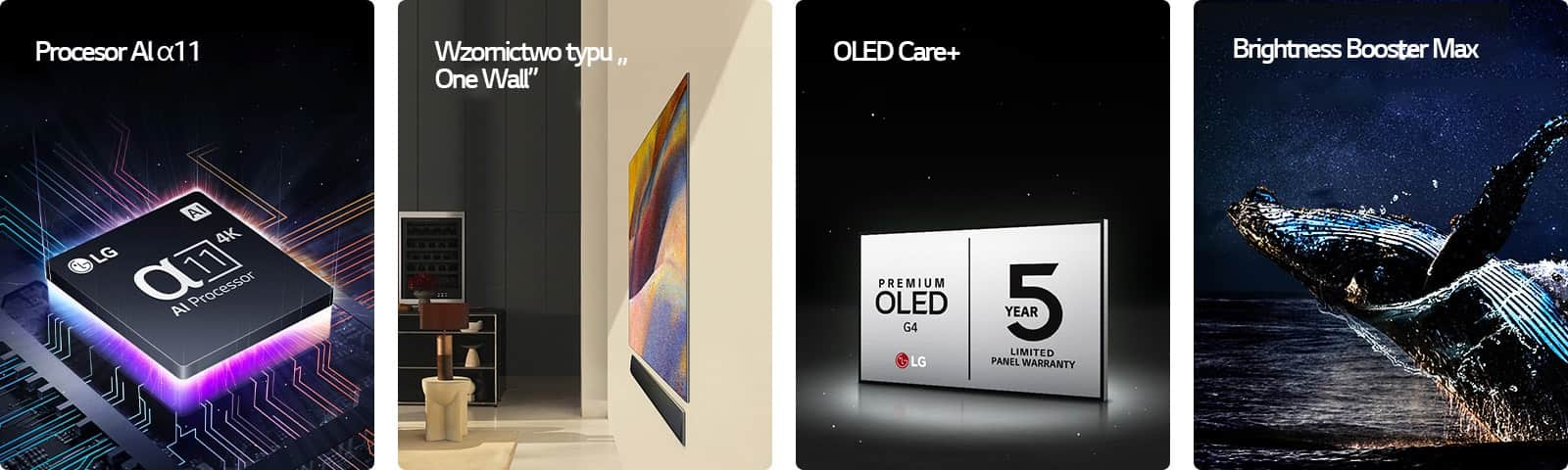 Procesor AI LG alpha 11 4K na płycie głównej, emitujący fioletowe i różowe wiązki światła. Design One Wall z LG OLED G4 i soundbarem LG zamontowanym płasko przy ścianie w nowoczesnej przestrzeni mieszkalnej. LG OLED Care+ i logo 5-letniej gwarancji na panelu na czarnym tle. Brightness Booster Max z obrazem wieloryba wyskakującego z wody na tle rozgwieżdżonego, nocnego nieba.