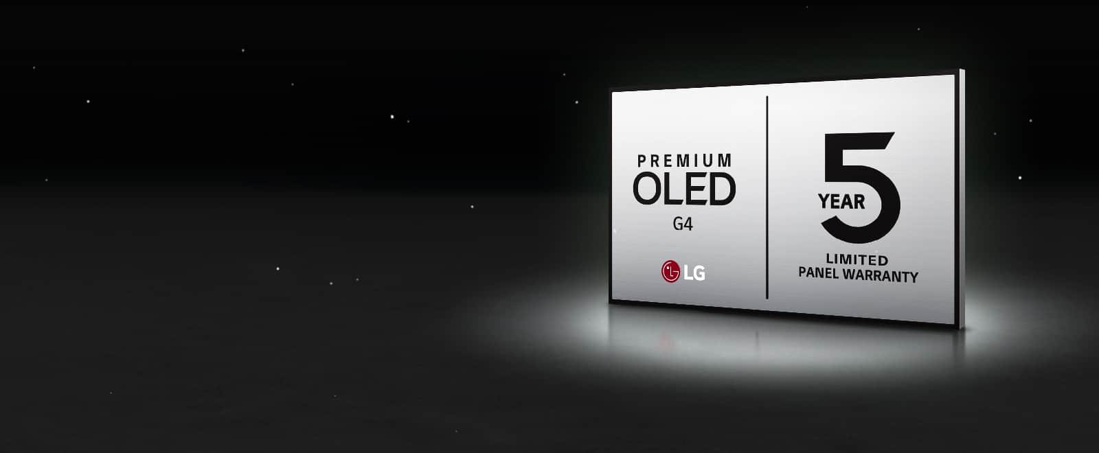 LG OLED Care+ i logo 5-letniej gwarancji na panelu na czarnym tle.