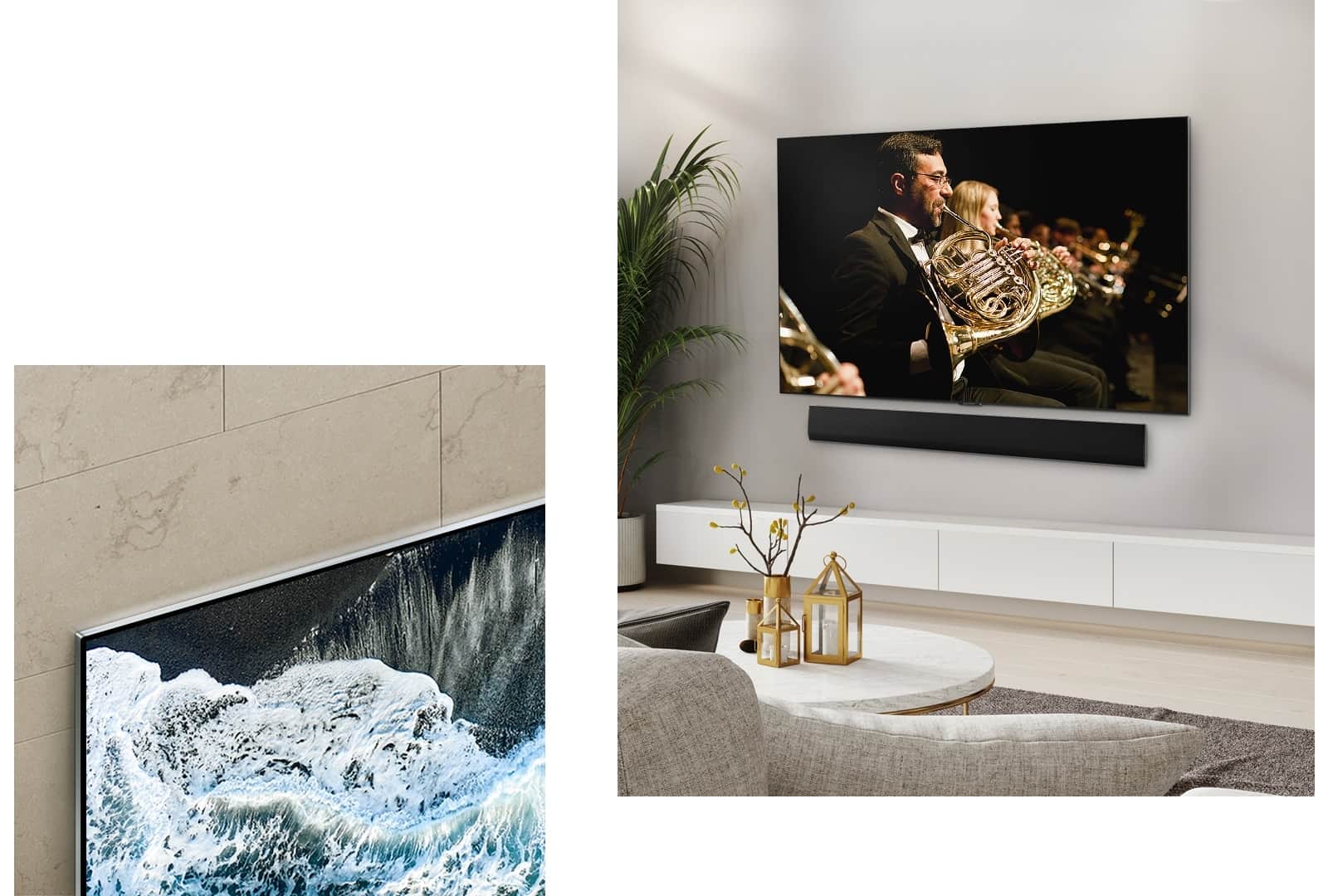 LG OLED TV, OLED G4 widoczny pod kątem na tle marmurowej ściany, pokazujący, jak się z nią zlewa. LG OLED TV, OLED G4 i soundbar LG w czystej przestrzeni mieszkalnej płasko przy ścianie z orkiestrą odtwarzaną na ekranie.