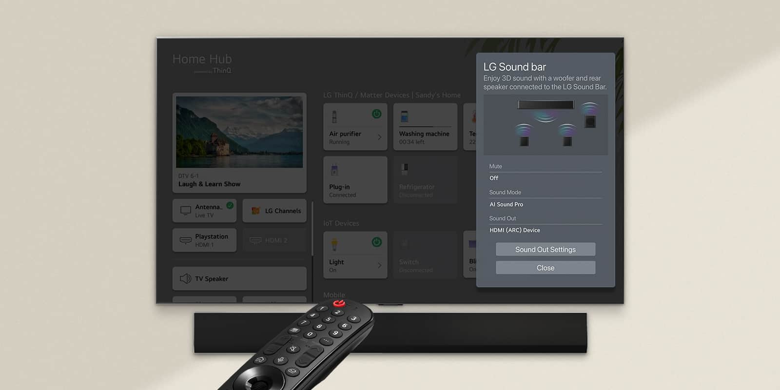 Pilot skierowany na LG OLED TV przedstawiający ustawienia po prawej stronie ekranu.