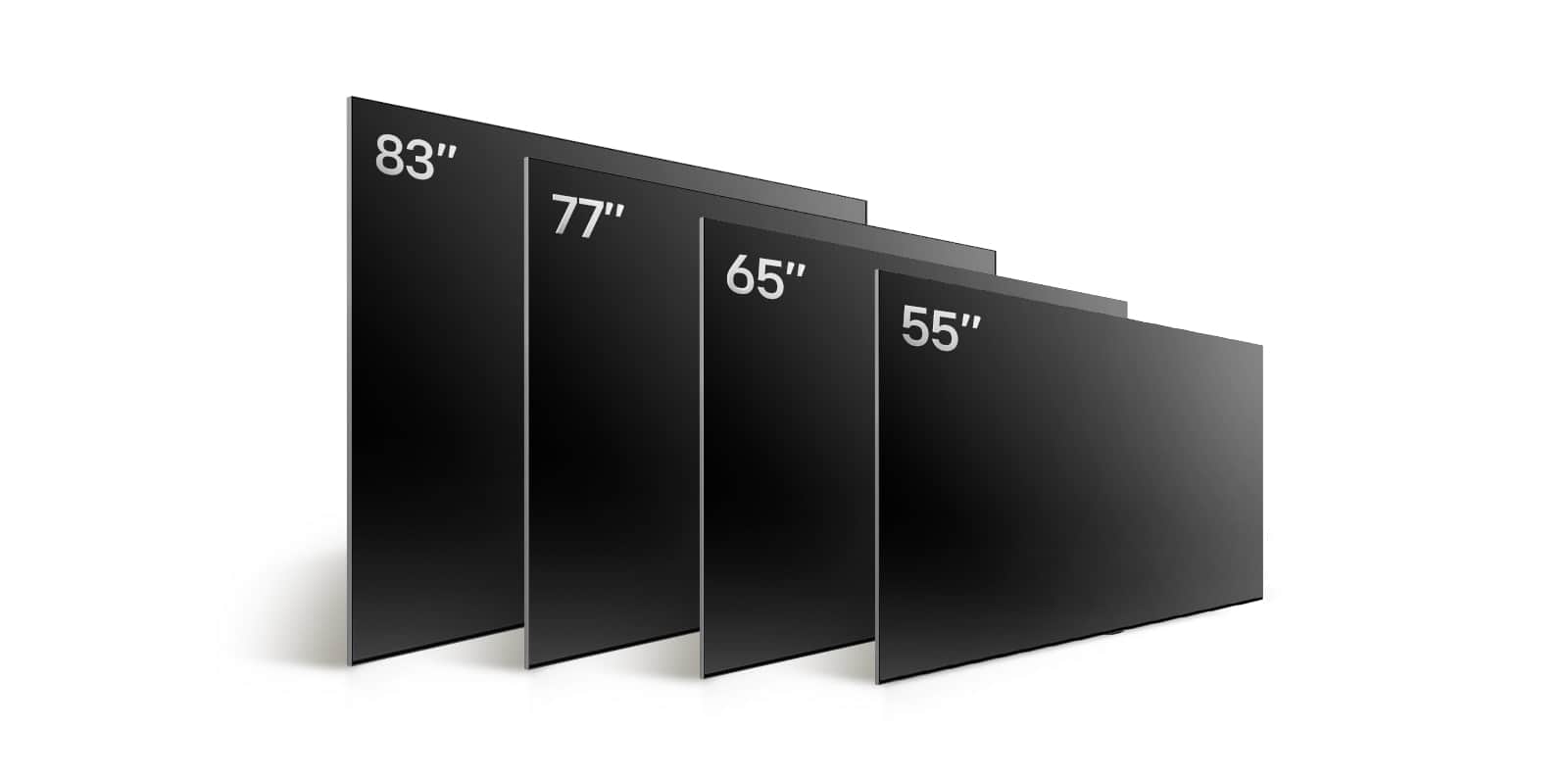 Porównanie LG OLED TV, OLED G4 w różnych rozmiarach, pokazujące OLED G4 55", OLED G4 65", OLED G4 77" i OLED G4 83".