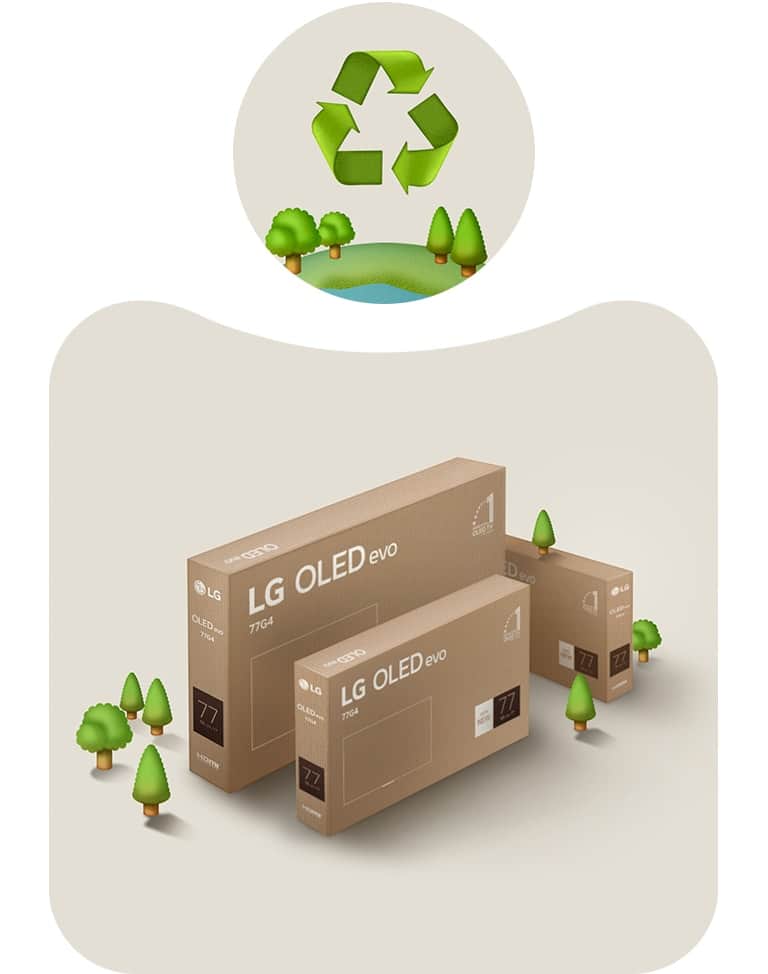 Opakowanie LG OLED na beżowym tle z ilustracjami drzew.