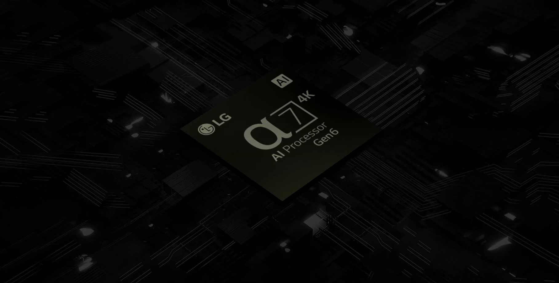 Video α7 AI protsessor 4K Gen6 trükkplaadi taustal. Plaat valgustub ja kiibilt kiirgub kollane valgus, mis tähistab selle võimsust.