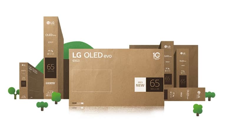 Keskkonnasõbralik teleri LG OLED papist pakend, mida näidatakse keset õitsvaid puid ja mägesid.
