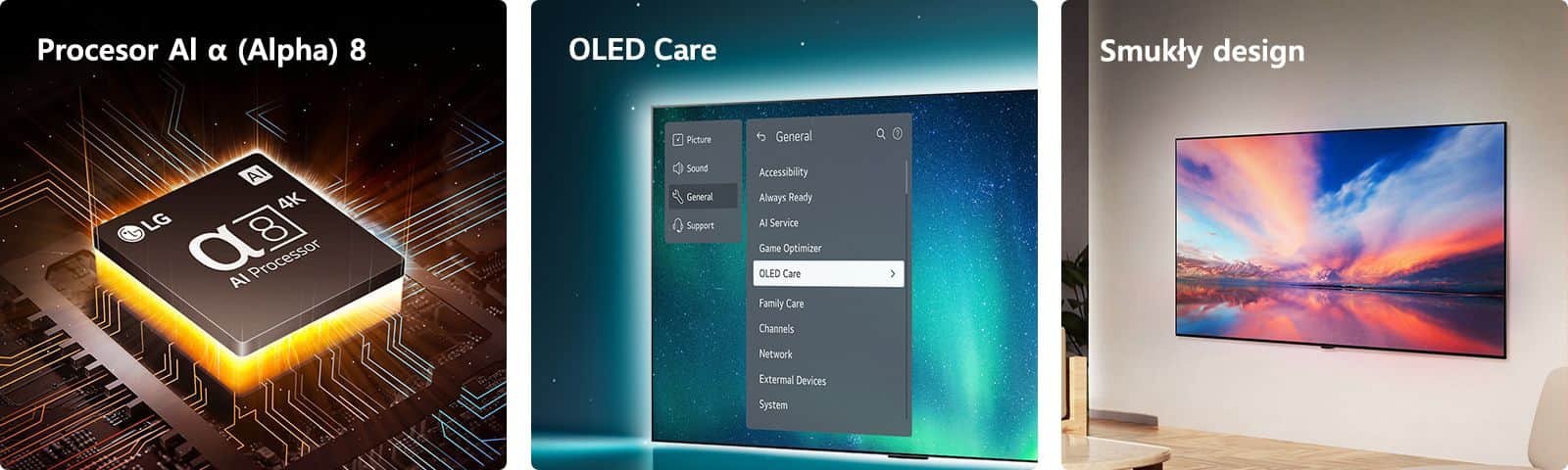 Procesor AI LG alpha 8 na płycie głównej emitujący pomarańczowe wiązki światła. OLED TV z menu OLED Care można wybrać w menu pomocy wyświetlanym na ekranie. Smukły design widoczny z boku, gdy jest umieszczony płasko przy ścianie w nowoczesnej przestrzeni mieszkalnej.