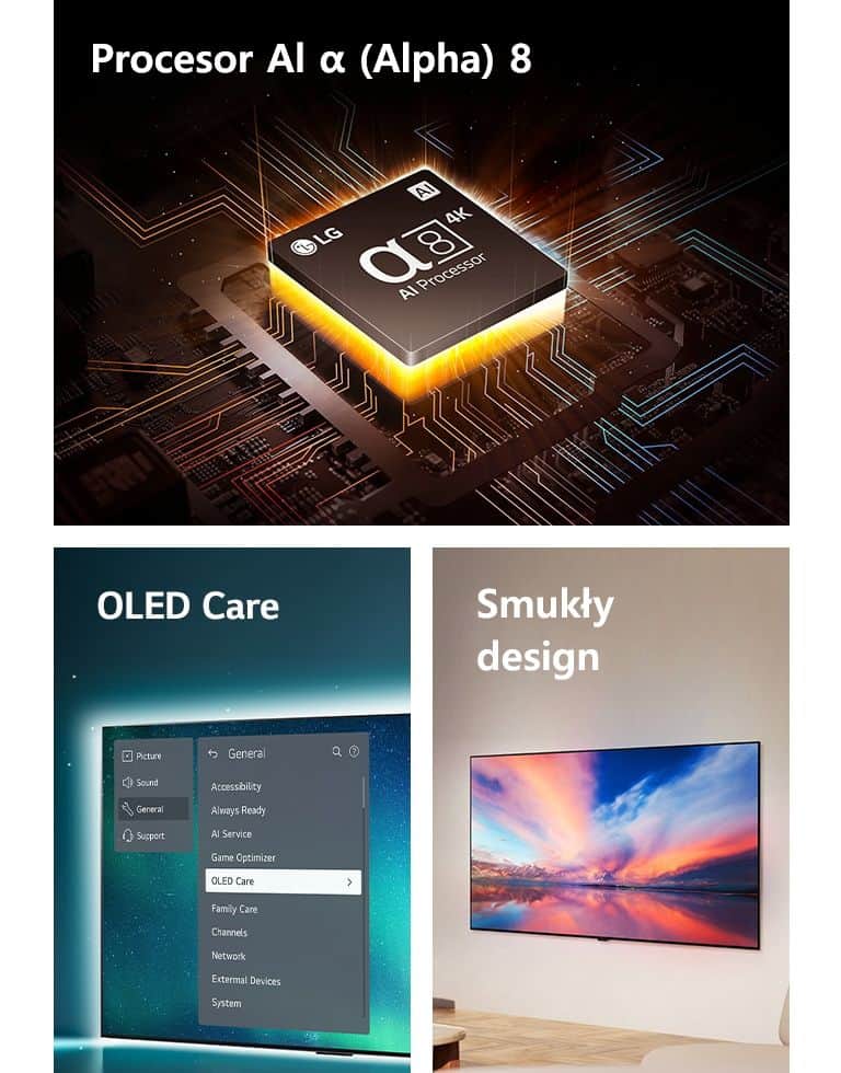 Procesor AI LG alpha 8 na płycie głównej emitujący pomarańczowe wiązki światła. OLED TV z menu OLED Care można wybrać w menu pomocy wyświetlanym na ekranie. Smukły design widoczny z boku, gdy jest umieszczony płasko przy ścianie w nowoczesnej przestrzeni mieszkalnej.