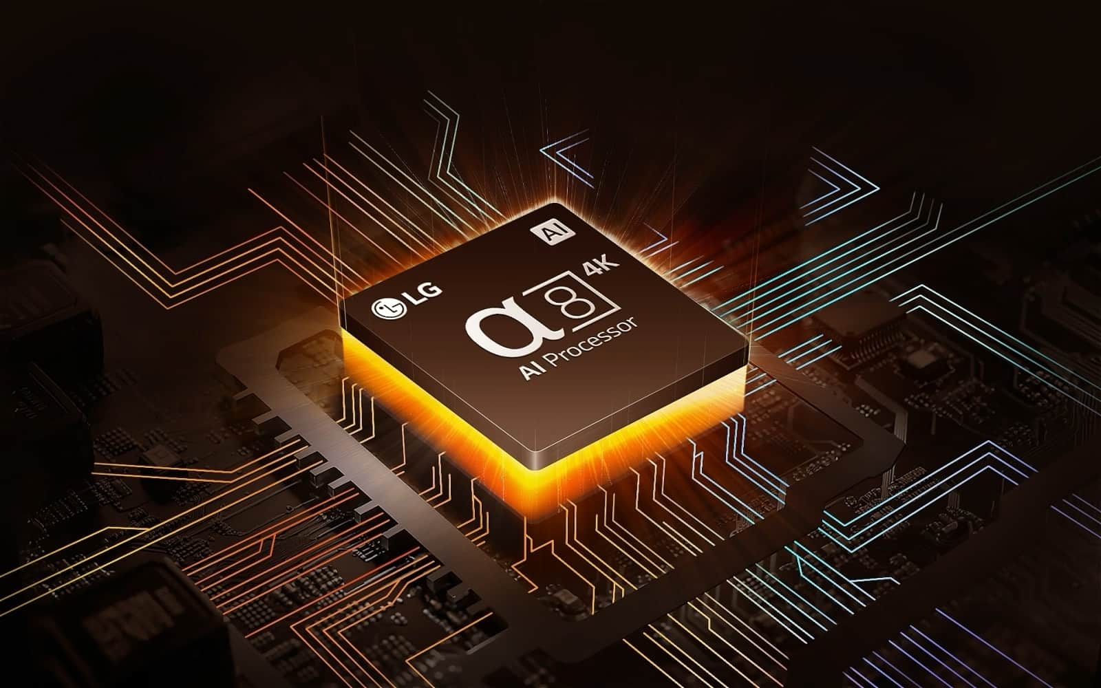 Procesor AI LG alpha 8 ledwo widoczny w ciemności. Procesor AI rozświetla się na zielono i wydobywają się z niego kolorowe wiązki światła. Na płycie głównej pojawiają się błyskawice, rozszerzając się coraz dalej, a białe kropki przypominają gwiazdy, sprawiając wrażenie międzygalaktycznej sceny.