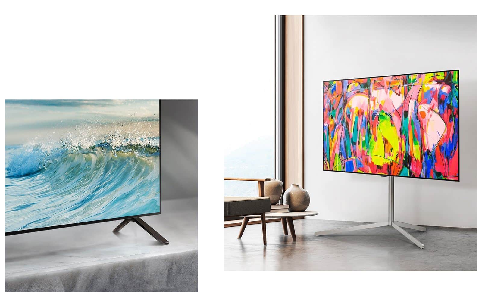 Dolny narożnik LG OLED TV, OLED B4 stoi na marmurowej powierzchni. Na ekranie pojawia się jasnoniebieska fala. LG OLED TV, OLED B4 na podstawie w minimalistycznej przestrzeni.