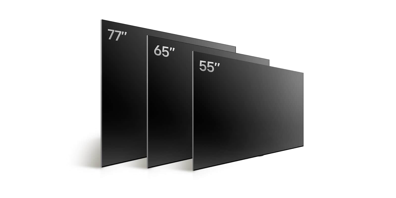 Porównanie różnych rozmiarów LG OLED TV, OLED B4: OLED B4 55", OLED B4 65" i OLED B4 77".