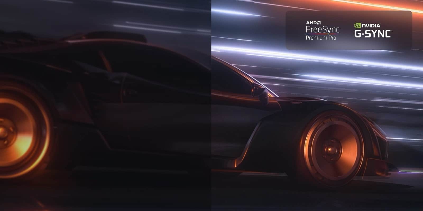 Rozmyta scena szybkiej jazdy samochodem w grze wyścigowej. Scena jest dopracowana, co przekłada się na płynną i wyraźną akcję. Logo FreeSync Premium Pro i logo NVIDIA G-SYNC w prawym górnym rogu.