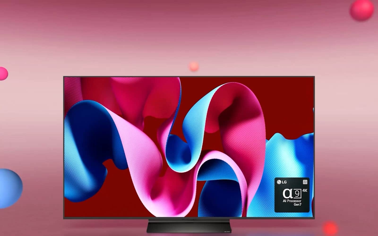 LG OLED C4 skierowany pod kątem 45 stopni w prawo, z różowo-niebieską, abstrakcyjną grafiką na ekranie z różowym tłem z kulami 3D. OLED TV obraca się do przodu. W prawym dolnym rogu znajduje się logo procesora AI LG alpha 9 Gen7.