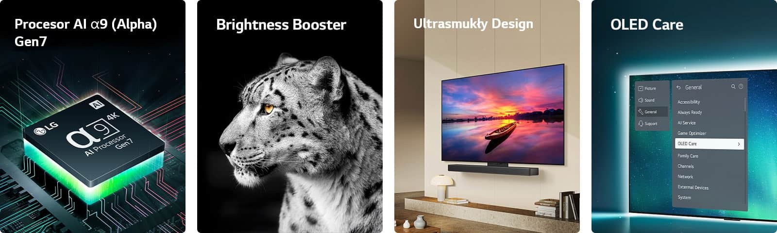 Procesor AI LG alpha 9 Gen7 na płycie głównej, emitujący zielone wiązki światła. Brightness Booster z bocznym wizerunkiem białego lamparta. Ultrasmukłe i gotowe do współpracy z soundbarami LG, jako iż mogą zostać ustawione płasko przy ścianie w nowoczesnej przestrzeni mieszkalnej. OLED TV z menu OLED Care można wybrać w menu pomocy wyświetlanym na ekranie.