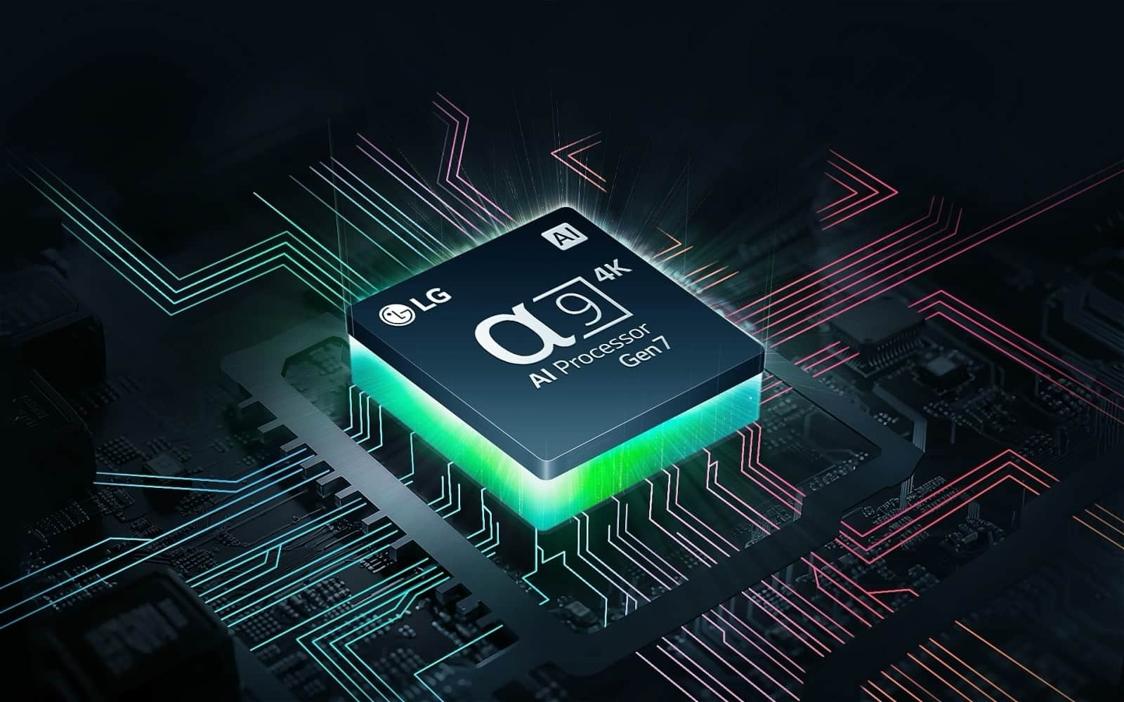 Procesor AI LG α9 (Alpha) Gen7 ledwo widoczny w ciemności. Procesor AI rozświetla się na zielono i wydobywają się z niego kolorowe wiązki światła. Na płycie głównej pojawiają się błyskawice, rozszerzając się coraz dalej, a białe kropki przypominają gwiazdy, sprawiając wrażenie międzygalaktycznej sceny.