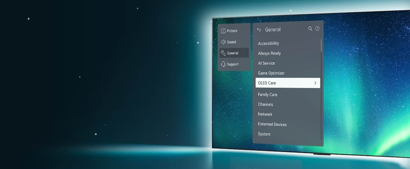 OLED TV stoi po prawej stronie obrazu. Na ekranie pojawi się menu pomocy technicznej i wybrane zostanie menu OLED Care.
