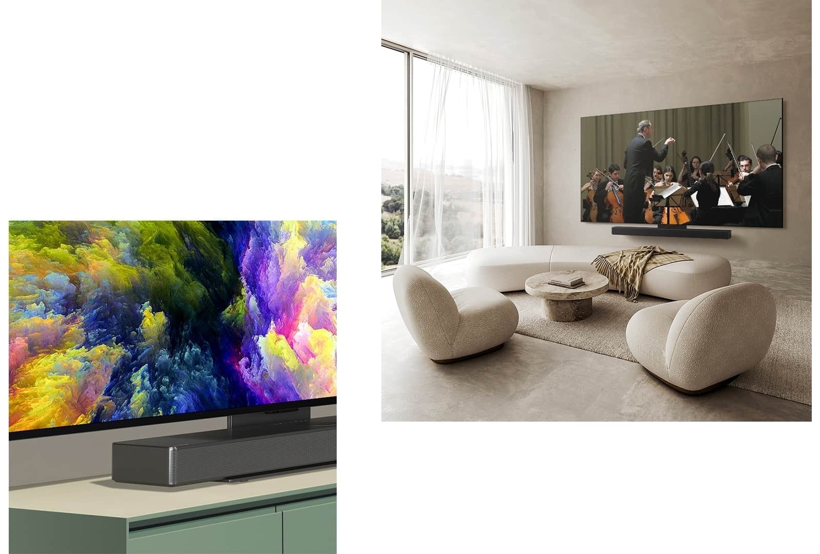 "Widok pod kątem na dolny róg LG OLED TV, OLED C4 przedstawiający abstrakcyjną grafikę lasu na ekranie. Telewizor jest podłączony do listwy dźwiękowej LG Soundbar za pośrednictwem uchwytu Synergy, a na ekranie wyświetlana jest abstrakcyjna grafika lasu. LG OLED TV, OLED C4 i LG Soundbar w czystej przestrzeni mieszkalnej płasko przy ścianie z orkiestrą odtwarzaną na ekranie. "