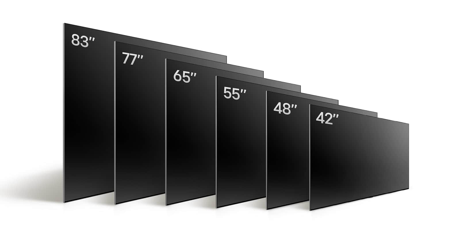 Porównanie LG OLED TV, OLED C4 w różnych rozmiarach, pokazujące OLED C4 42", OLED 48", OLED C4 55", OLED C4 65", OLED C4 77" i OLED C4 83".