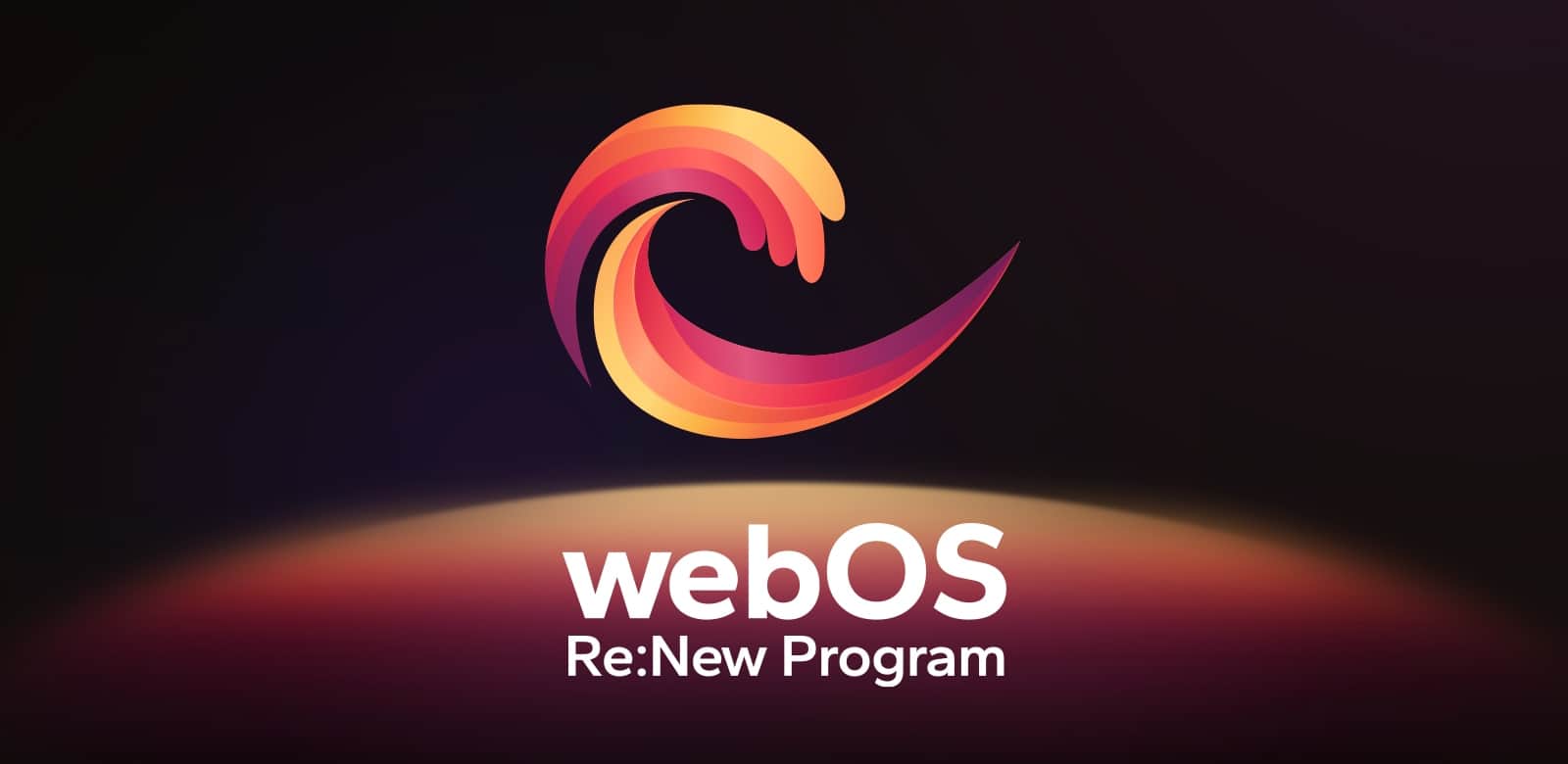 Logo programu webOS Re:New znajduje się na czarnym tle z żółto-pomarańczową, fioletową i okrągłą kulą u dołu.